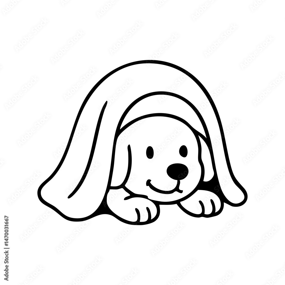 Obraz premium A dog’s happy face peeking out from a soft blanket, only its nose and eyes visible, cozy and cute with thin sketch lines.
