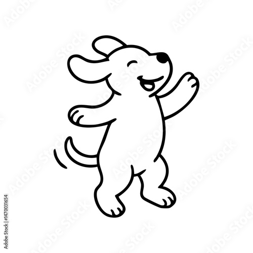 A joyful dog standing on its back legs, front paws raised, tail wagging wildly, drawn in a fun and bouncy line style.