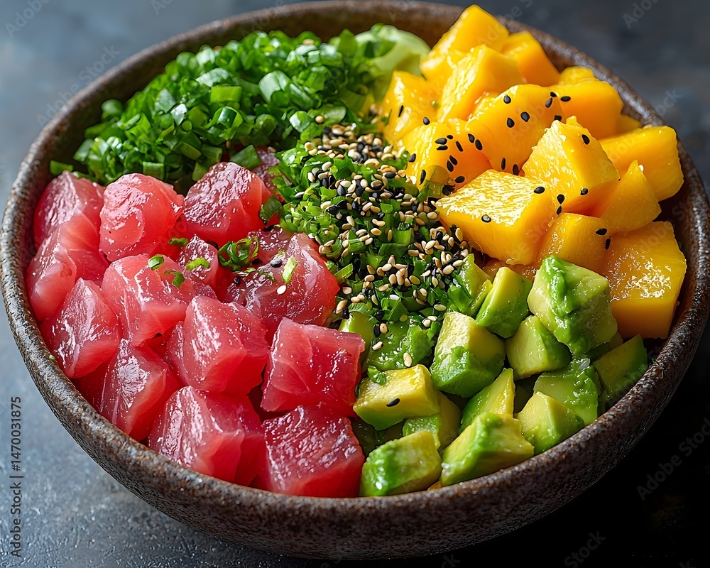 A vibrant nutritious bowl of fresh tuna mango avocado and herbs