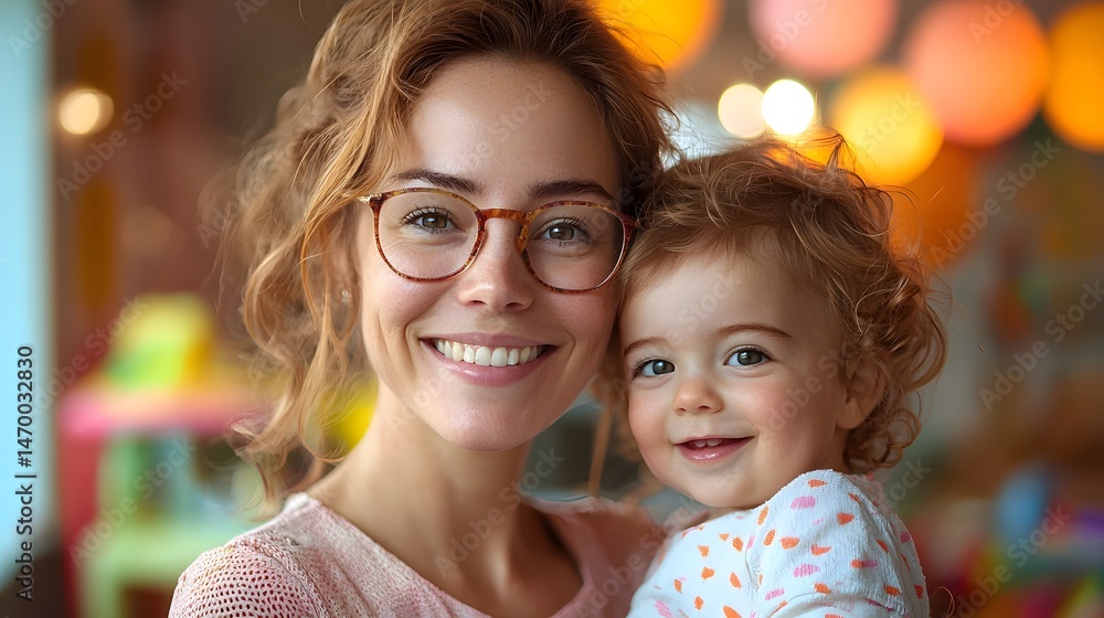 Caring caretaker embracing a smiling child in a playful colorful setting