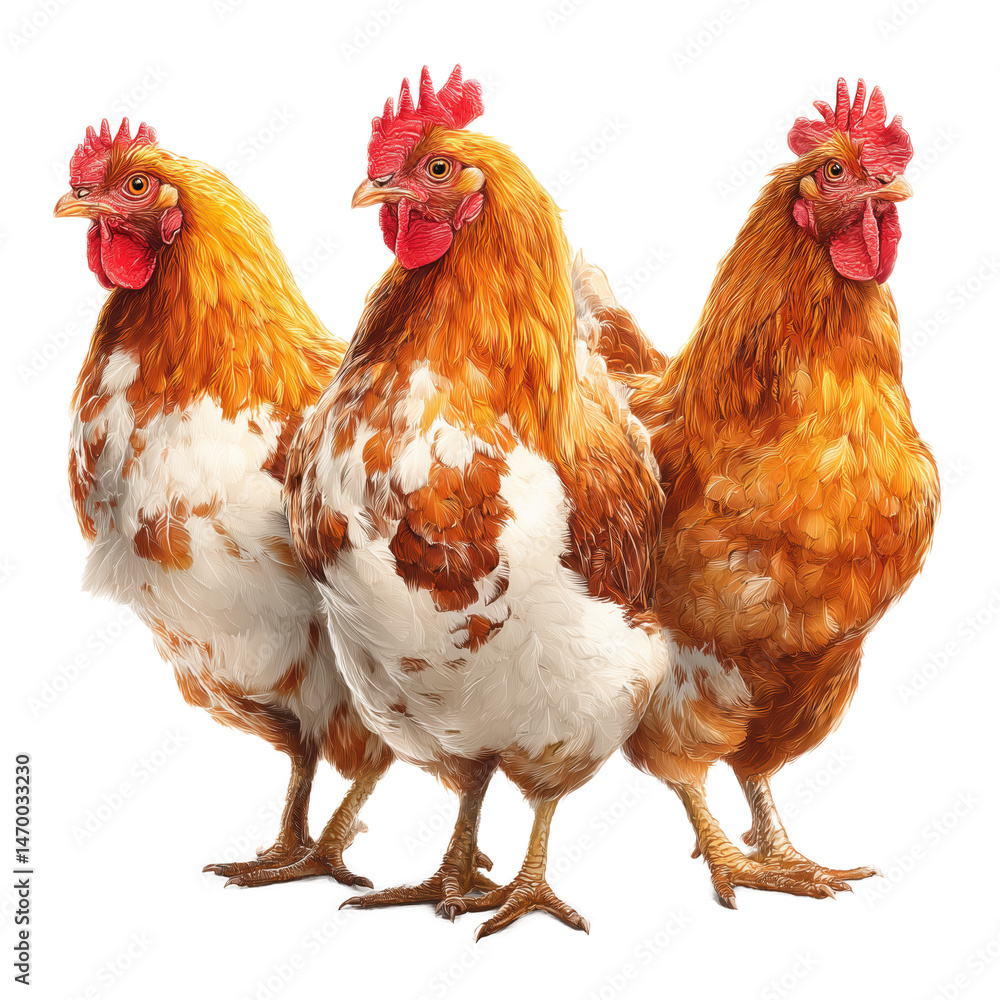 Fototapeta premium Three Beautiful Chickens in a Row: A Stunning Illustration of Farm Animals , isolated on white background png