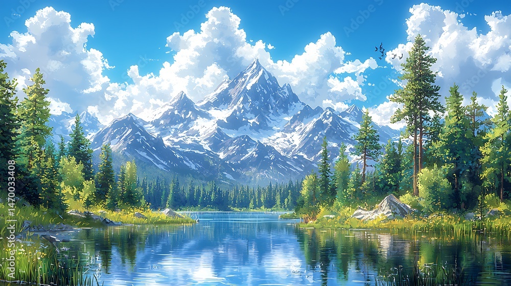 Fototapeta premium A serene mountain lake scene under a vibrant sky.