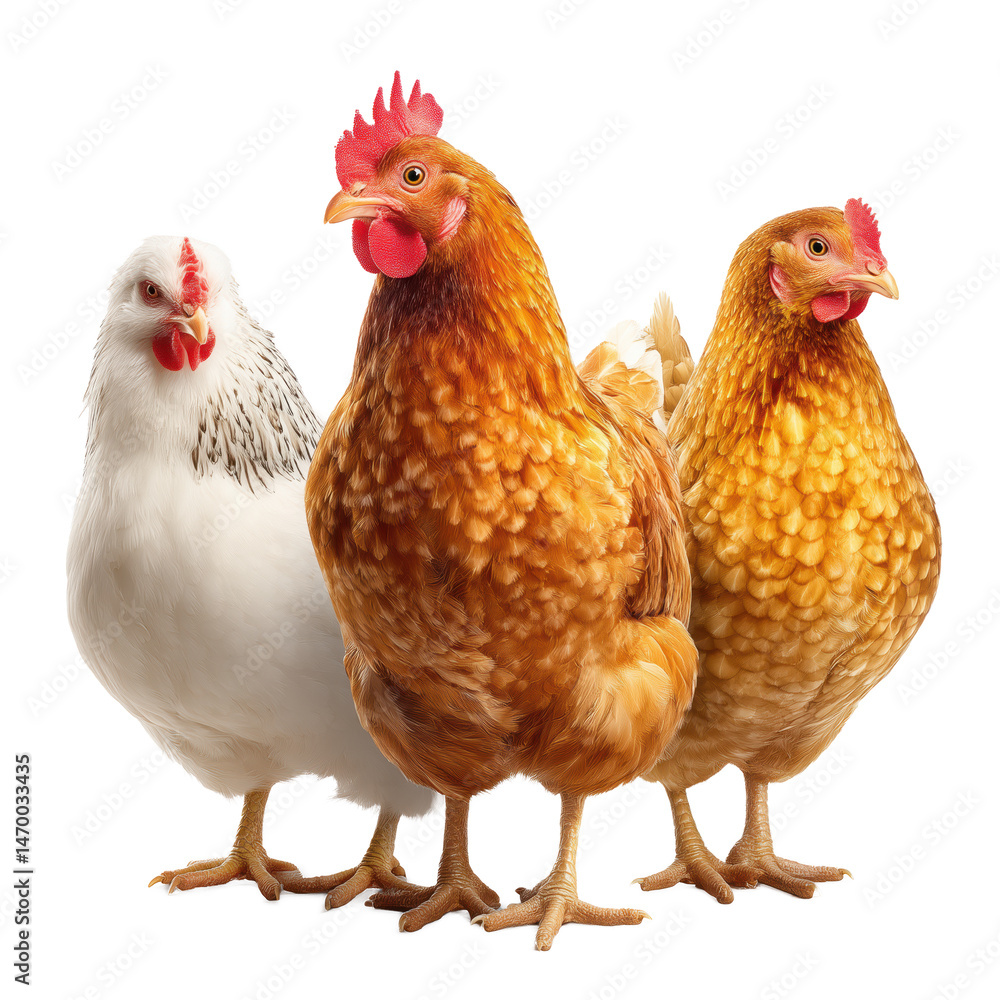 Fototapeta premium Three Beautiful Chickens in a Row , isolated on white background png