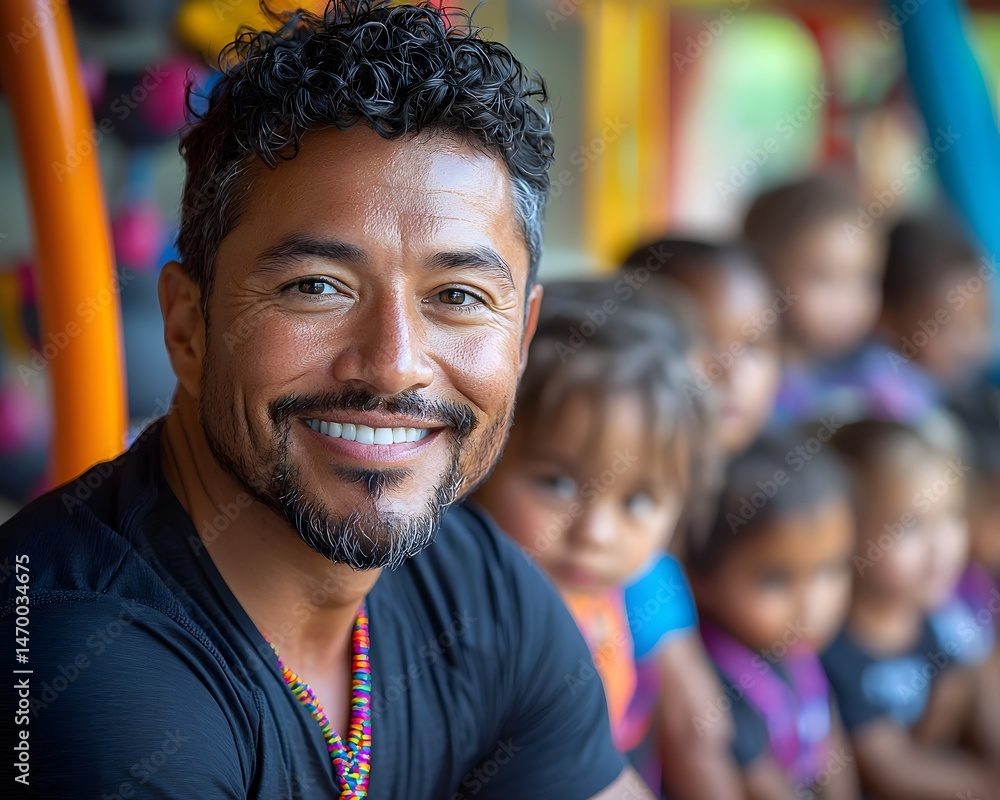 A caring childcare worker smiling with a group of children on a colorful playground