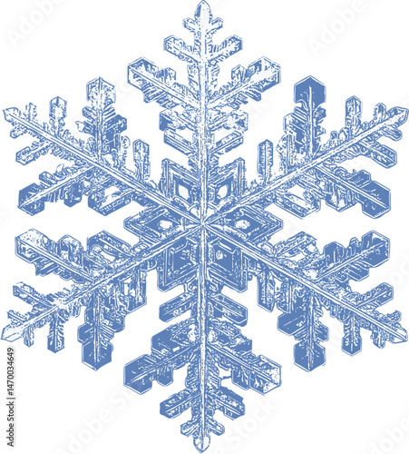 Elegant blue snowflake with high detail, symmetrical and refined, isolated on a white background — perfect for winter cards and festive decor.