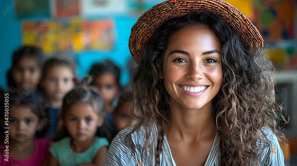 Smiling childcare worker leading a fun activity with a group of children