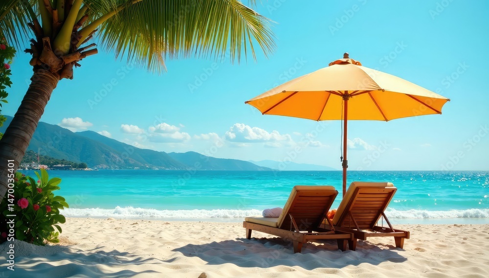 Obraz premium Relaxing under a large umbrella on a sunny day, peaceful scene , serene, vacation