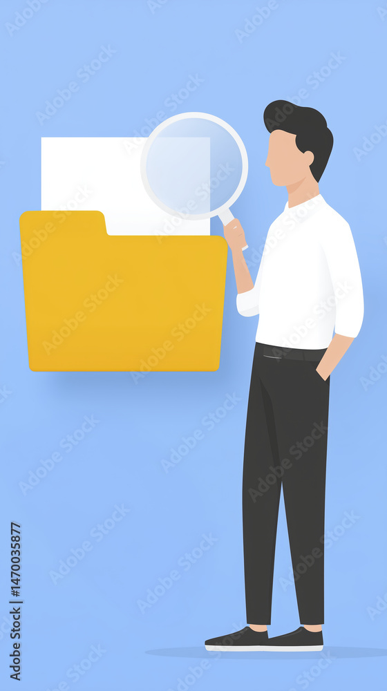 Obraz premium Young man in white shirt holding magnifying glass, examining folder with documents, showcasing research and analysis in a modern digital workspace environment