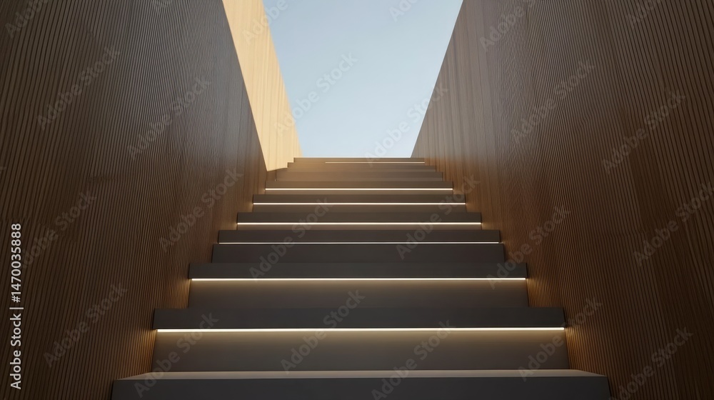 Fototapeta premium Modern wooden stairway leading upward to the light.