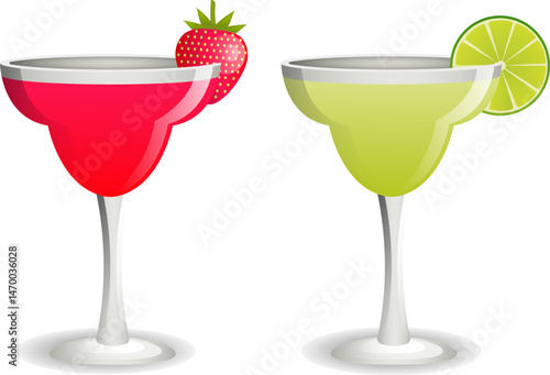 Strawberry and lemon daiquiri cocktails. Isolated vector set.