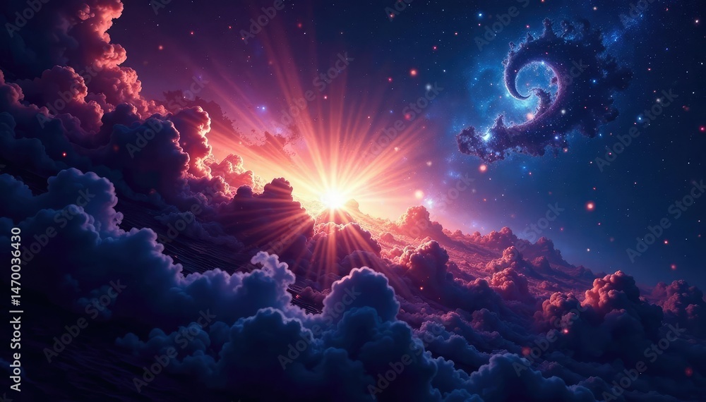 Naklejka premium Stunning cosmic vista showcasing a cluster of galaxies, swirling nebulae, and distant stars A breathtaking display of celestial beauty , pattern, galaxy cluster