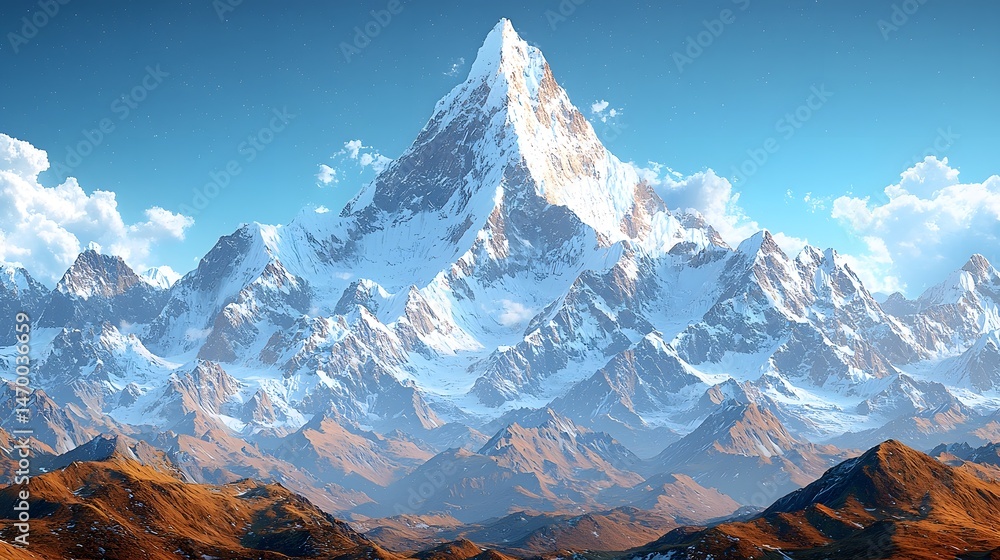 Majestic snowy mountain peak glowing under golden light of sunrise