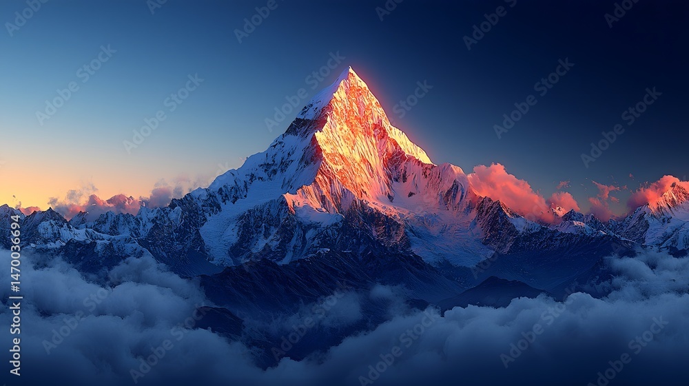 Majestic snowy mountain peak glowing under the golden light of sunrise