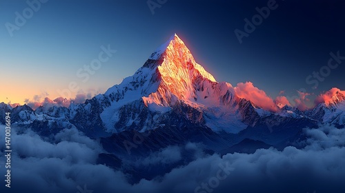 Obraz na płótnie Majestic snowy mountain peak glowing under the golden light of sunrise w salonie