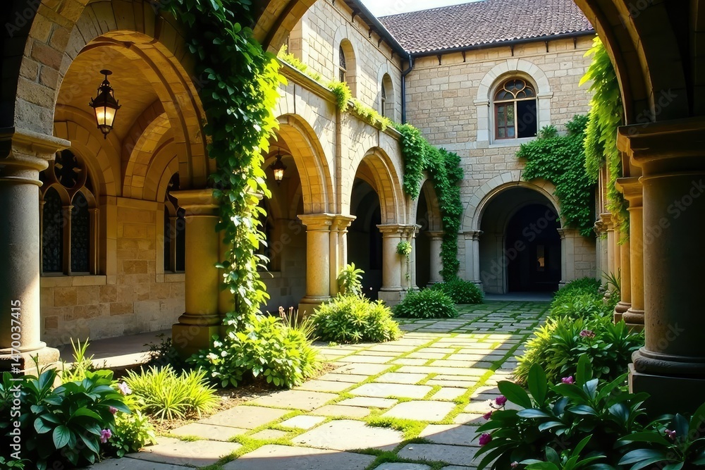 Naklejka premium Sunlit abbey cloister with stone arches and lush greenery , stone, nature