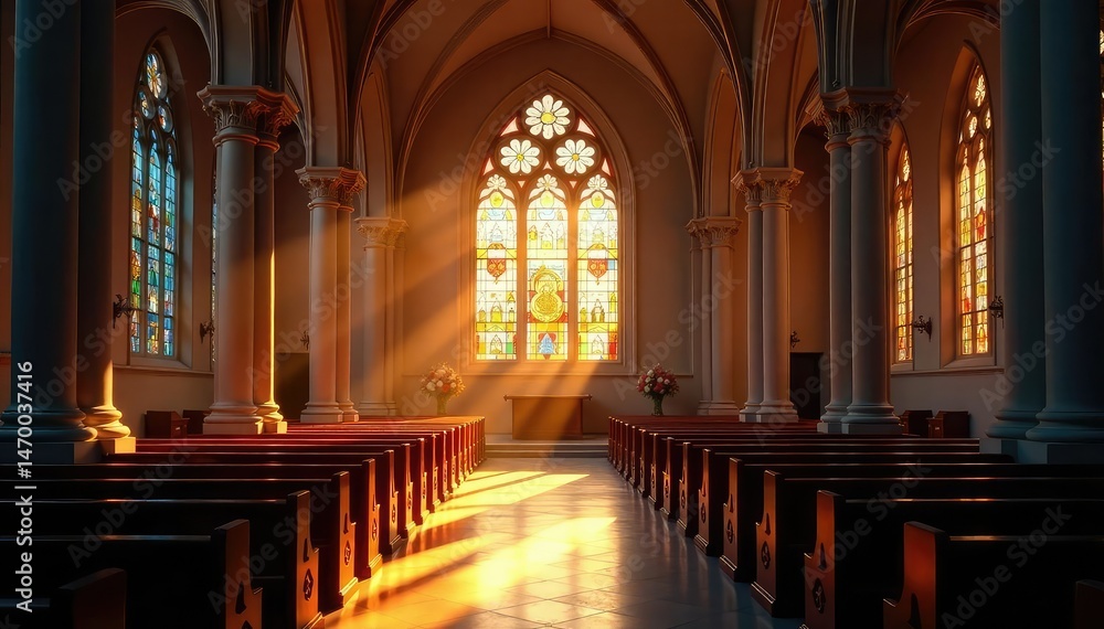 Fototapeta premium Tranquil church interior, sunlight streaming through stained glass, faith, detail