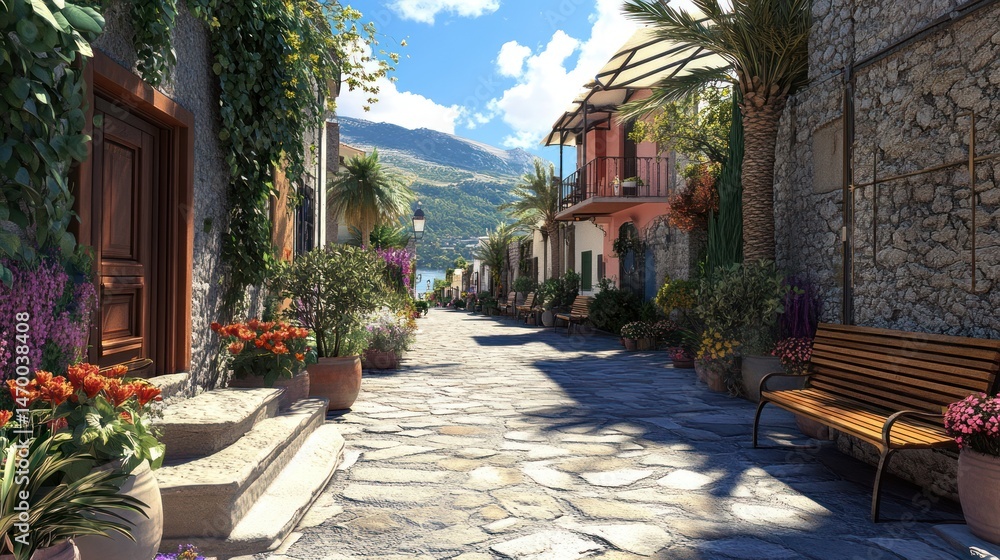Fototapeta premium Sunny Mediterranean village street, flowers, travel poster