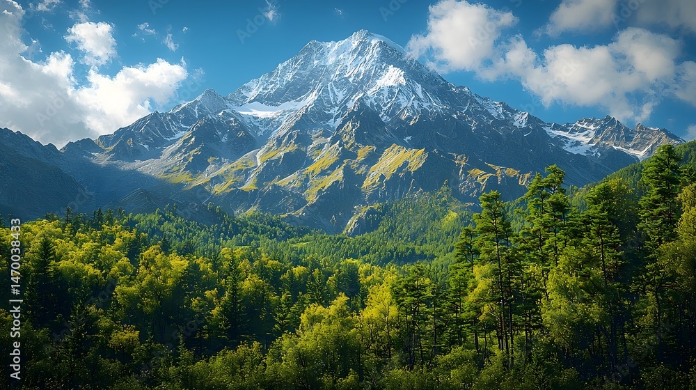 Majestic snow capped mountain peak framed by evergreen forest