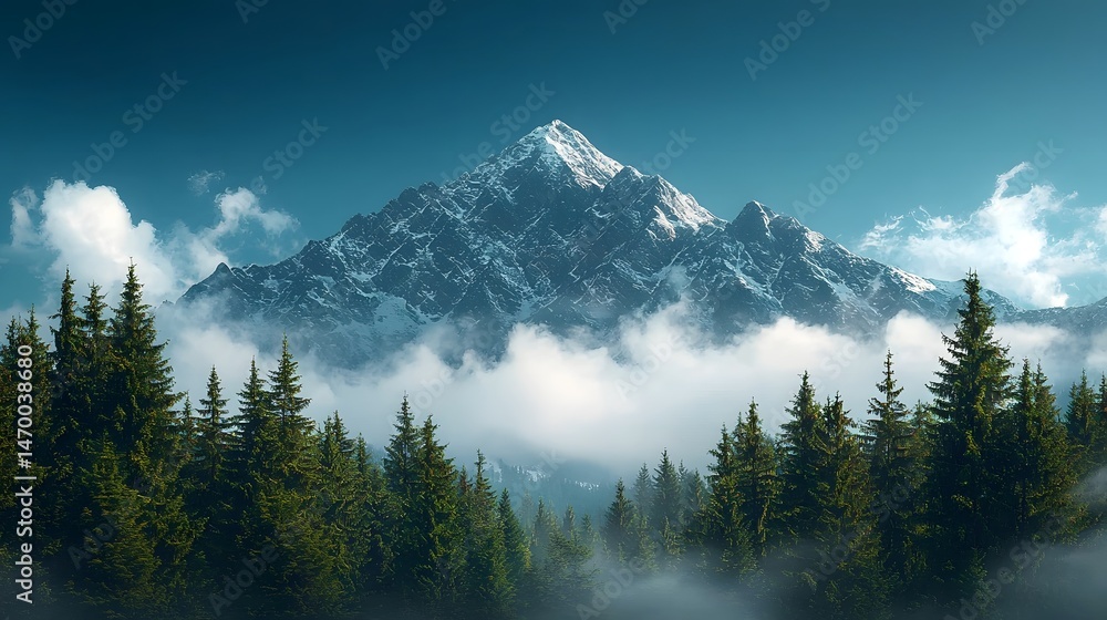 Majestic snow capped mountain peak framed by evergreen forest