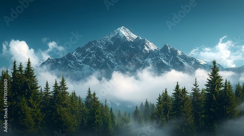 Obraz na płótnie Majestic snow capped mountain peak framed by evergreen forest w salonie