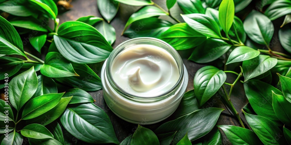 Luxurious Botanical Cream in Glass Jar Surrounded by Vibrant Green Leaves on Dark Surface Luxurious Botanical Cream in Glass Jar Surrounded by Vibrant Green Leaves on Dark Surface
