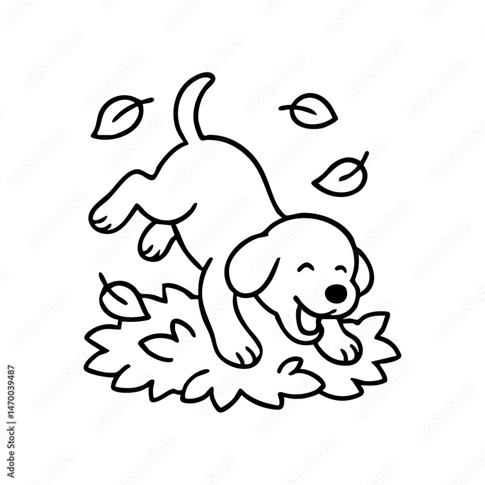 A dog mid-leap toward a crunchy pile of autumn leaves, ears flying and paws up, outlined in joyful, dynamic black lines. A dog mid-leap toward a crunchy pile of autumn leaves, ears flying and paws up, outlined in joyful, dynamic black lines.