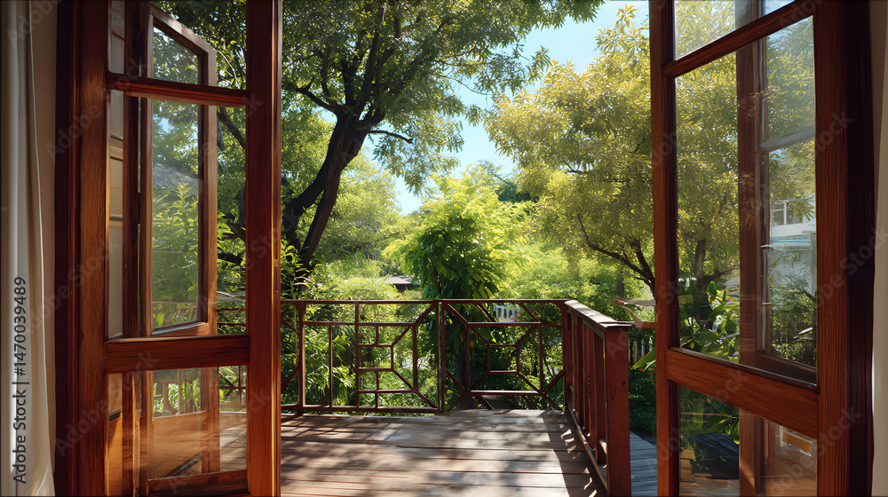 Verdant view from a cozy wooden balcony, framed by open windows, a tranquil escape into nature Verdant view from a cozy wooden balcony, framed by open windows, a tranquil escape into nature