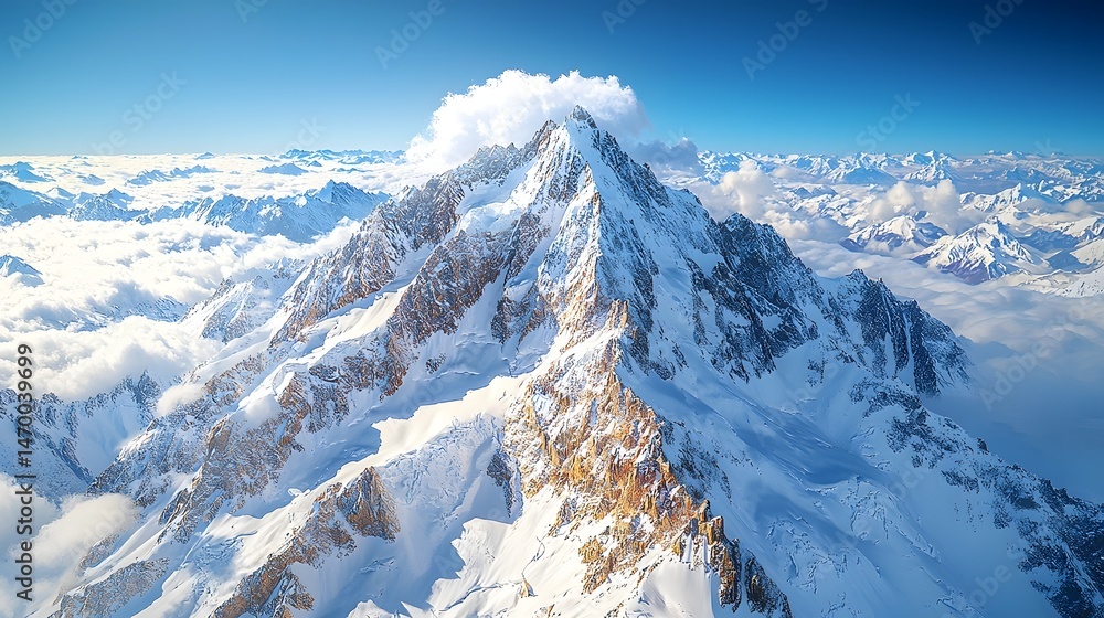 Majestic snow capped mountain peak against a clear blue sky