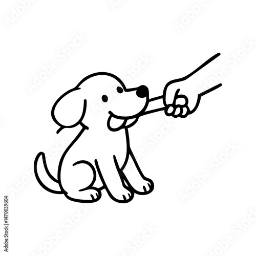 A cheerful dog gripping one end of a rope toy, tugging with determination and a big grin, minimal sketch style, clean and expressive.
