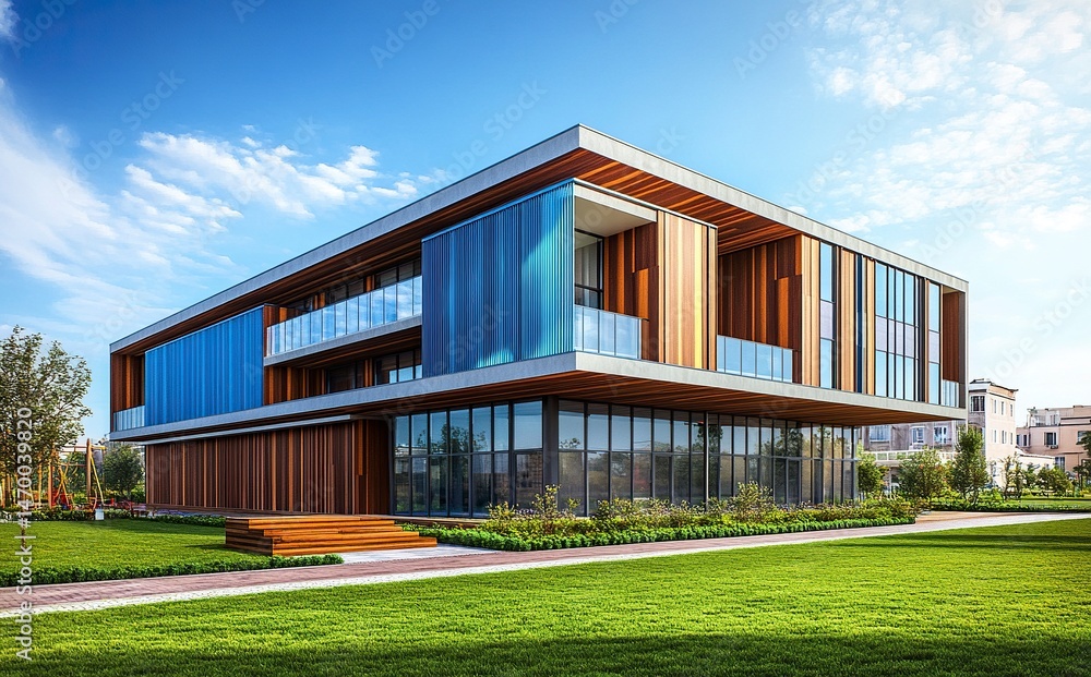 Obraz premium Modern new residential apartment building complex with wooden cladding and blue metal paneling, landscaped design on green grass near the street in the city. generative ai