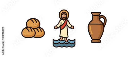 Cartoon jesus performing miracle with bread and jug on white background vector illustration
