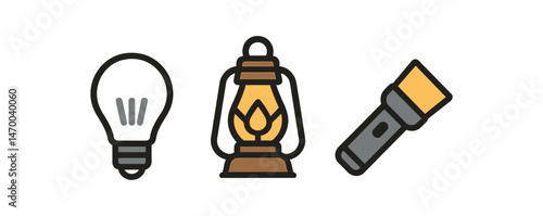 Light sources icons: bulb, lantern, flashlight illustration in minimalist style vector illustration