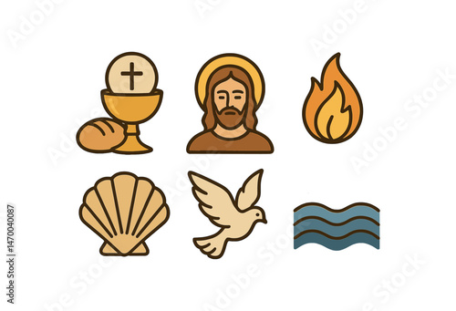 Christian symbols: eucharist, jesus, fire, shell, dove, water vector illustration