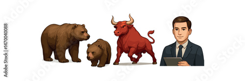 Cartoon bears, bull, and caucasian male adult in business suit with tablet vector illustration