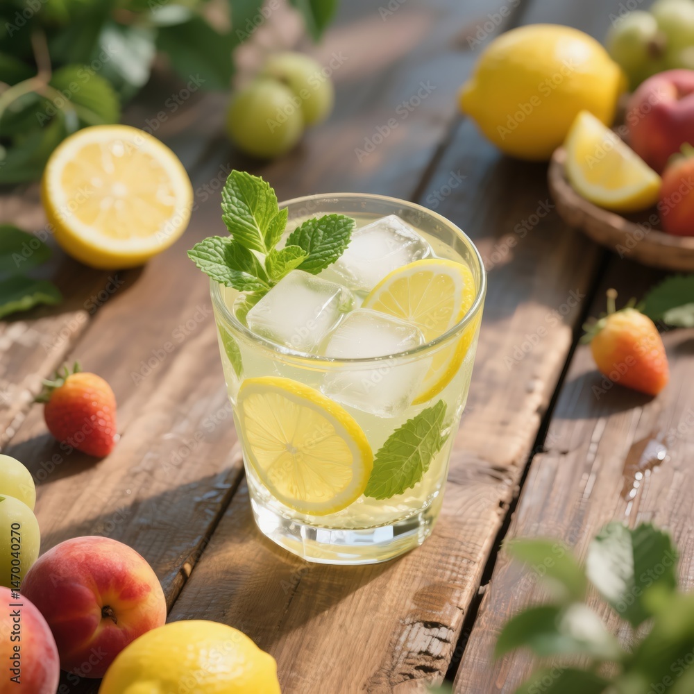 Fototapeta premium Fresh Homemade Lemonade with Mint and Ice Cubes Surrounded by Fruits on a Wooden Table, Perfect for a Refreshing Summer Drink, Natural Light Photography, 8K