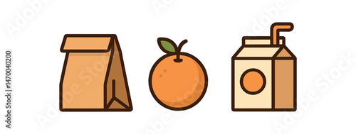Icon set of brown bag, orange, and juice box on white background vector illustration