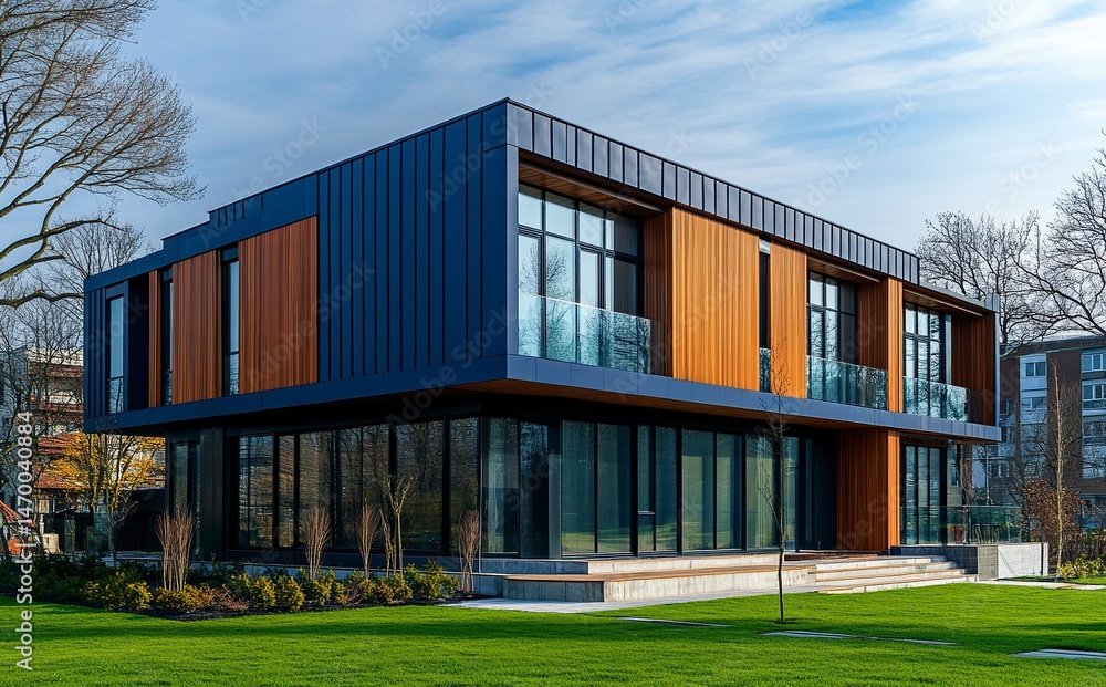 Modern new residential apartment building complex with wooden cladding and blue metal paneling, landscaped design on green grass near the street in the city. generative ai Modern new residential apartment building complex with wooden cladding and blue metal paneling, landscaped design on green grass near the street in the city. generative ai
