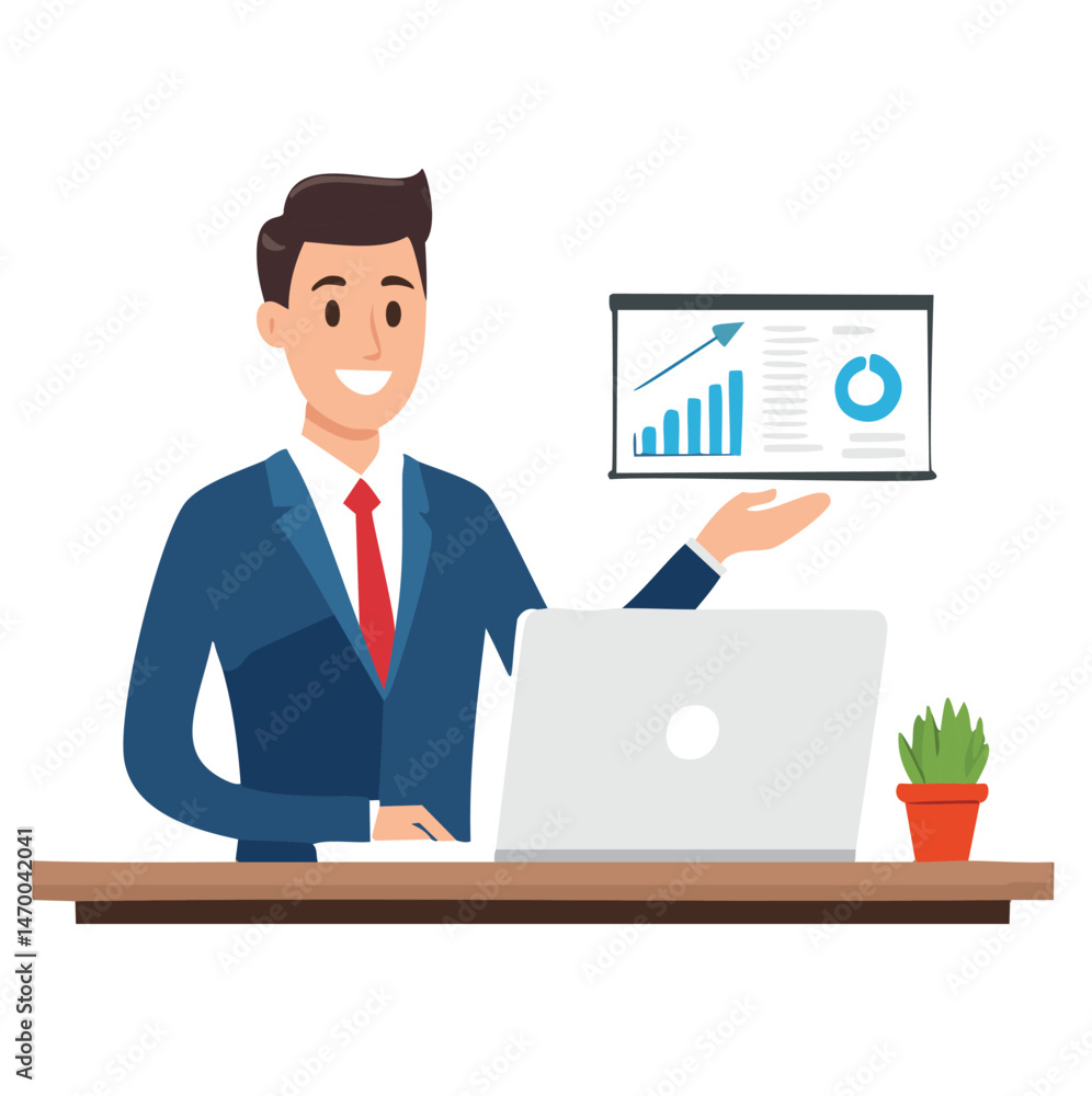 Man Giving Online Business Presentation on Laptop Vector Man Giving Online Business Presentation on Laptop Vector