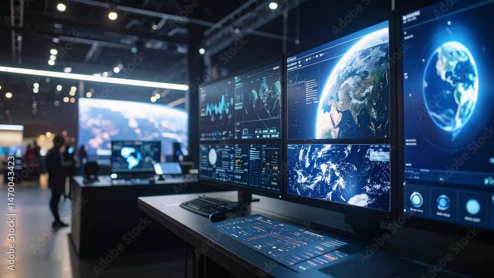Climate innovation and advanced technology modern control room with multiple computer monitors displaying Earth data for climate control and analysis Climate innovation and advanced technology modern control room with multiple computer monitors displaying Earth data for climate control and analysis