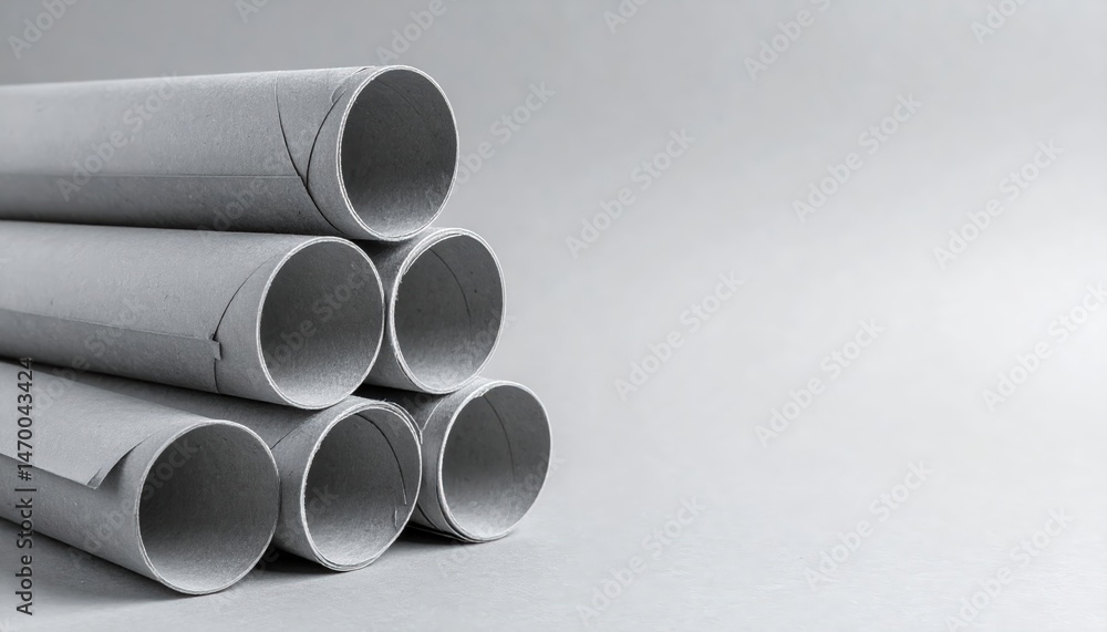 Fototapeta premium A neatly arranged stack of shiny steel pipes, varying in diameter, reflecting light, set against a textured concrete background, showcasing industrial strength.