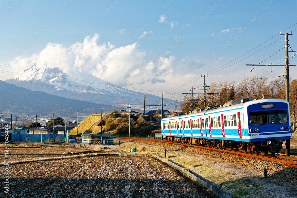 Obraz premium A local train of Izu-Hakone Railway traveling through harvested farmlands with the snow capped mountaintop of Fujisan veiled by clouds in background on a sunny winter day, in Mishima, Shizuoka, Japan