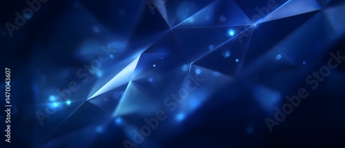 Moody navy blue abstract background with layered 3D geometric triangle shapes and dramatic light leaks creating a dynamic and visually striking presentation design