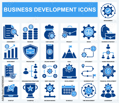 Business Development icon set collection. Idea, Management, Brain, Revenue, Target, Leadership	