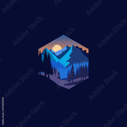 Modern vintage adventure logo with mountain scenery and pine trees. suitable for adventurer, mountain climber logo