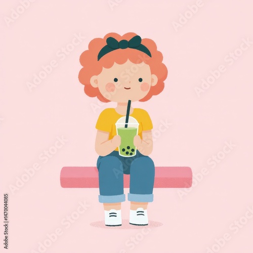 Chibi girl drinking bubble tea in a kawaii cafe