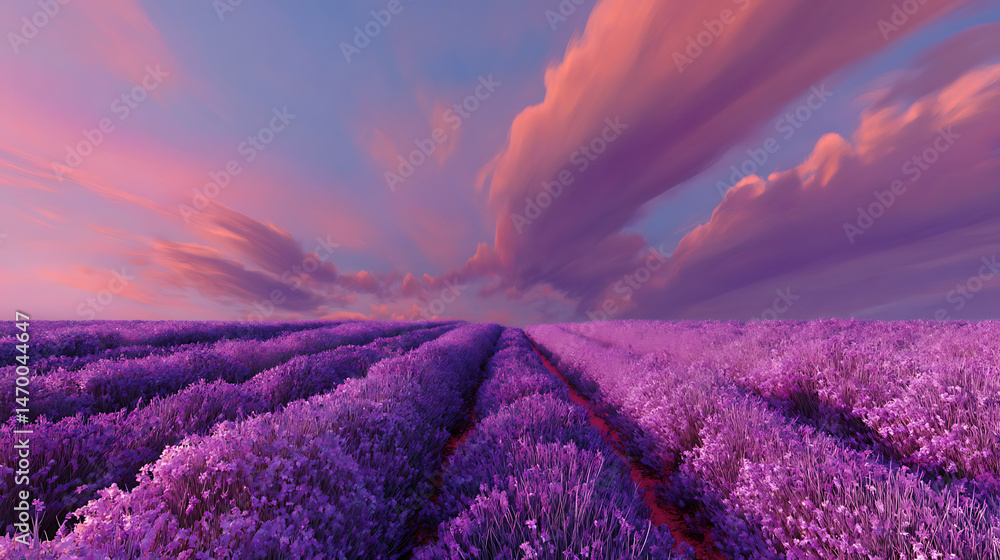 Lavender field under a stunning sunset sky