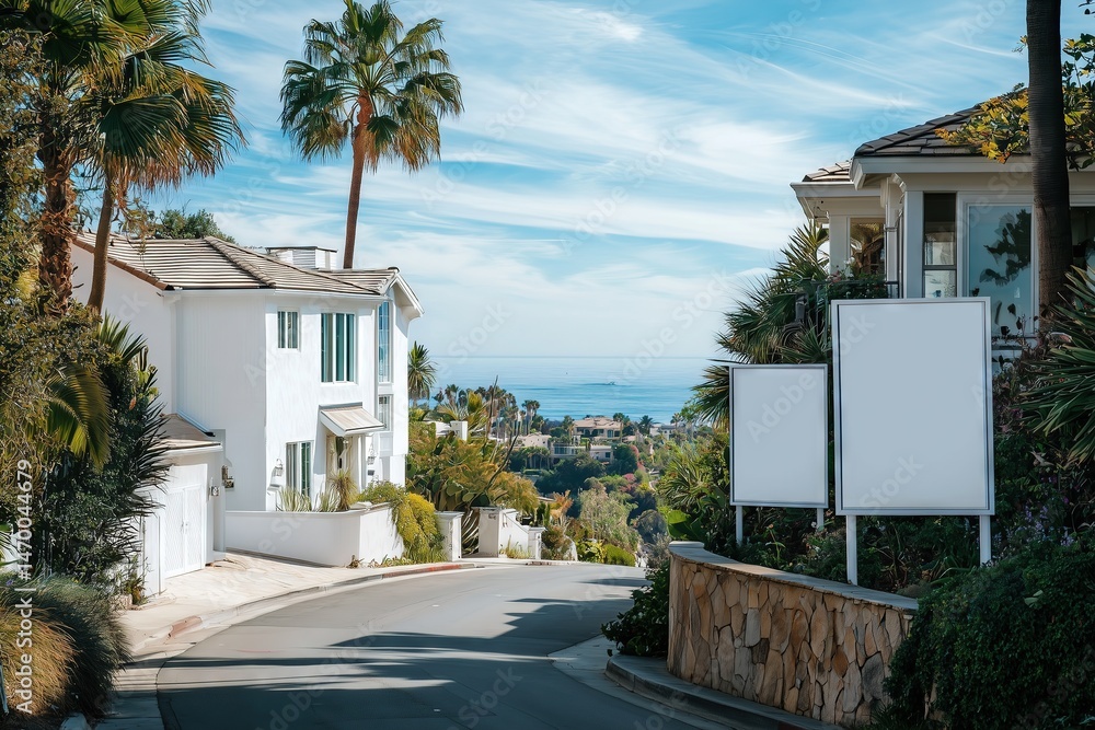 Fototapeta premium Residential Coastal Street with Ocean View and Palm Trees