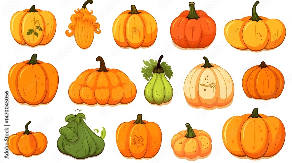 High-quality hand-drawn pumpkin set on white background for seasonal designs High-quality hand-drawn pumpkin set on white background for seasonal designs
