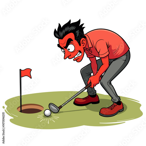 Golfer showing frustration while putting a golf ball near hole  
