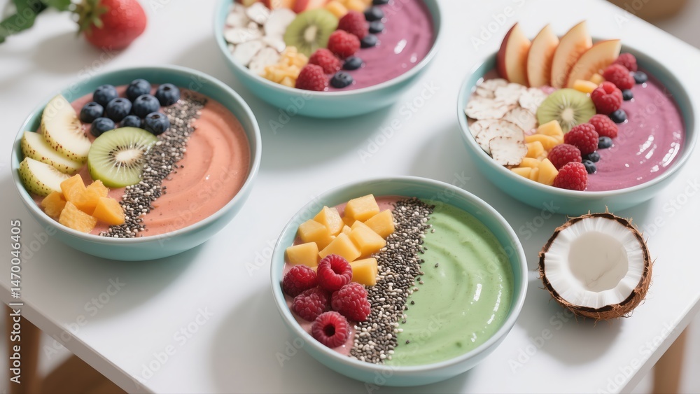 Delicious and colorful smoothie bowls with various toppings like fruits and seeds, healthy breakfast option concept, presented on a clean white table 8K Delicious and colorful smoothie bowls with various toppings like fruits and seeds, healthy breakfast option concept, presented on a clean white table 8K